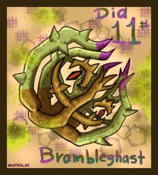  border brambleghast brown_border character_name commentary_request english_commentary full_body heterochromia highres katrin_sz mixed-language_commentary no_humans pokemon pokemon_(creature) pokemon_focus slit_pupils solo spanish_commentary thorns twitter_username 