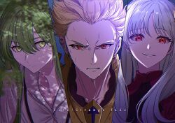  1boy 1girl 1other :/ androgynous ascot black_ascot blonde_hair chinese_commentary column_lineup commentary_request copyright_name earrings enkidu_(fate) evil_grin evil_smile fate/strange_fake fate_(series) gilgamesh_(fate) green_eyes green_hair grey_hair grin highres ishtar_(fate) jewelry looking_at_viewer philia_(fate) red_eyes ringorilla smile sweat twitter_username upper_body 