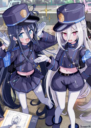  2girls absurdres alternate_costume aris_(blue_archive) armband artist_name belt black_belt black_hair blue_archive blue_armband blue_boots blue_eyes blue_halo blue_hat blue_jacket blue_shorts blue_skirt blush boots buttons disembodied_hand dot_nose double-breasted gloves hair_between_eyes halo hands_up happy hat highres jacket kei_(blue_archive) long_hair long_hair_between_eyes looking_at_viewer looking_to_the_side midriff multiple_girls navel open_hands open_mouth outdoors outstretched_hand pantyhose peaked_cap pink-eyes pink_halo railroad_tracks ringed_eyes shorts shoulder_boards skirt sparkle standing sweatdrop thomason366 ticket train_conductor white_gloves white_hair white_pantyhose 