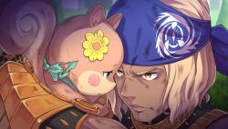  1boy animal arabian_clothes bandana blonde_hair blue_bandana closed_mouth dark-skinned_male dark_skin dirty dirty_face flower game_asset hair_flower hair_ornament highres holding holding_animal male_focus medium_hair official_art outdoors pooka_(re:zero) re:zero_kara_hajimeru_isekai_seikatsu salum_pristis squirrel visual_novel_cg yellow_eyes 