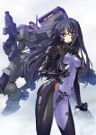 1girl assault_rifle black_hair bodysuit carnelian clenched_hand covered_navel german glasses glowing glowing_eye gretel_jeckeln gun highres long_hair mecha military muvluv official_art rifle schwarzesmarken shield skin_tight small_breasts snow snowing solo violet_eyes weapon 