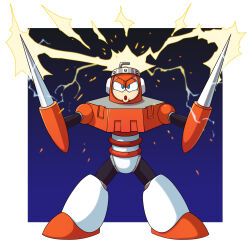  1boy android armor blue_background blue_eyes dual_wielding electricity fighting_stance full_body gradient_background helmet highres holding looking_at_viewer mega_man_(classic) mega_man_(series) mega_man_3 open_mouth red_armor red_helmet robot robot_ears simple_background solo spark_man sparkle toastiepumpkin two-tone_background v-shaped_eyebrows weapon white_background 