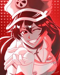  1girl artist_name bambietta_basterbine black_hair blackwingarts bleach bleach:_sennen_kessen-hen breasts brooch buttons commentary double-breasted english_commentary gloves grin hand_up hat heart heart_brooch jacket jewelry lapels large_breasts long_hair looking_at_viewer military_hat military_uniform monochrome one_eye_closed peaked_cap quincy_(bleach) red_background red_eyes red_theme smile solo wandenreich_uniform white_gloves white_hat white_jacket 