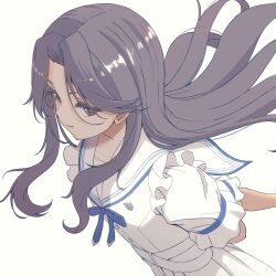 1girl 22/7 arms_behind_back belt blue_ribbon closed_mouth cowboy_shot curtained_hair dress dutch_angle emblem floating_hair from_above from_side grey_eyes grey_hair highres long_hair mid227 orihara_sumika pleated_dress ribbon sailor_collar sailor_dress short_sleeves simple_background solo standing white_background white_belt white_sailor_collar 