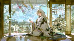  1girl :| absurdres architecture blue_eyes chinese_commentary closed_mouth commentary_request copyright_request cross-shaped_pupils cross_hair_ornament day east_asian_architecture floral_print floral_print_kimono flower hair_intakes hair_ornament halo highres holding holding_flower japanese_clothes kimono koinobori long_hair looking_at_viewer plant print_kimono solo symbol-shaped_pupils tattaco white_hair wide_sleeves windsock wooden_floor 
