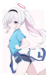  absurdres black_eyes black_hairband blue_archive cinamon_(cinamori) from_side gym_shorts gym_uniform hairband halo highres looking_at_viewer open_mouth plana_(blue_archive) ponytail red_halo red_pupils running shorts white_hair 
