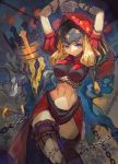  1girl arms_up black_legwear blonde_hair blue_eyes breasts chain crop_top hood king_valentine lack large_breasts long_hair midriff navel odin_sphere puffy_sleeves restrained revision short_sleeves striped striped_legwear thigh-highs velvet_(odin_sphere) vertical-striped_legwear vertical_stripes 