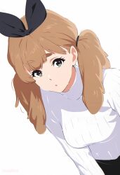  1girl artist_name brown_hair commentary_request green_eyes hair_ribbon hairband heart heart_in_eye hibike!_euphonium highres long_hair looking_at_viewer parted_lips ribbed_sweater ribbon sweater symbol_in_eye thick_eyebrows turtleneck turtleneck_sweater twintails usagihop white_background yoshikawa_yuuko 