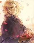  1boy axis_powers_hetalia blonde_hair facial_hair france_(hetalia) gloves ha.skr_(hasukara) long_hair looking_at_viewer petals red_eyes smile solo 