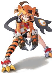  1girl ahoge bandaid bandaid_on_knee bandaid_on_leg bike_shorts black_shorts brown_hair commentary full_body gauntlets gigi_murin gigi_murin_(1st_costume) grin hair_between_eyes hair_through_hood highres hololive hololive_english hood hood_up hooded_shrug huge_ahoge legs_apart multicolored_hair orange_shrug pink_eyes shadow shirt short_shorts shorts shrug_(clothing) simple_background single_thighhigh slouching smile solo standing striped_clothes striped_thighhighs tail thigh-highs twintails two-tone_hair v-shaped_eyebrows vakuuberi virtual_youtuber white_background white_shirt zipper_pull_tab 