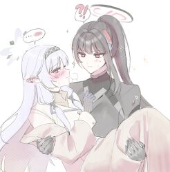  2girls black_bodysuit black_hair black_halo blue_archive blue_gloves bodysuit breasts bright_pupils brown_coat carrying coat flower gloves hair_between_eyes hair_flower hair_ornament hair_tubes hairband halo high_ponytail highres himari_(blue_archive) large_breasts long_hair long_hair_between_eyes long_sleeves looking_at_another looking_at_viewer mechanical_halo mikaanon multicolored_halo multiple_girls official_alternate_costume official_alternate_hairstyle pointy_ears ponytail princess_carry red_eyes red_halo rio_(armed)_(blue_archive) rio_(blue_archive) simple_background speech_bubble spoken_blush two-tone_halo violet_eyes white_background white_hair white_halo white_pupils yuri 