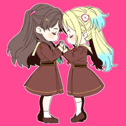  2girls :d blonde_hair blue_hair brown_dress brown_hair closed_eyes deformed dress face-to-face flower fujishima_megumi gradient_hair green_neckerchief hair_flower hair_ornament hasu_no_sora_school_uniform holding_hands interlocked_fingers long_hair long_sleeves love_live! love_live!_hasu_no_sora_jogakuin_school_idol_club medium_dress mira-cra_park! multicolored_hair multiple_girls neckerchief no_mouth osawa_rurino outline parted_bangs pink_background pink_flower pleated_dress profile red_neckerchief sailor_collar sailor_dress school_uniform shinanoya_(satanicad) simple_background smile twintails two_side_up u_u virtual_youtuber white_outline white_sailor_collar winter_uniform 