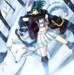  1girl cape eyepatch highres kantai_collection kiso_(kantai_collection) rasen_(camura) skirt snow snowing sword weapon wolf 