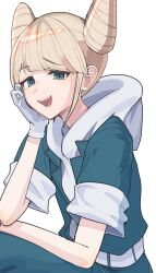  1girl :d blonde_hair blunt_bangs commentary_request cone_hair_bun double_bun gloves green_eyes green_jacket hair_bun hand_up highres hood hood_down jacket jasmine_(toshi_densetsu_kaitai_center) looking_at_viewer mosuroshyu open_clothes open_jacket open_mouth short-sleeved_jacket short_hair short_sleeves sidelocks simple_background smile solo toshi_densetsu_kaitai_center upper_body white_background white_gloves 