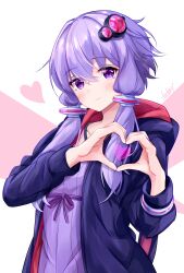  1girl absurdres animal_hood breasts commentary_request criss-cross_halter dress empire_waist halterneck heart heart_hands highres hood hood_down hooded_jacket hoodie jacket looking_at_viewer lucky_m7 open_clothes open_hoodie purple_dress purple_hair rabbit_hood ribbed_dress short_hair_with_long_locks small_breasts smile violet_eyes vocaloid voiceroid yuzuki_yukari 