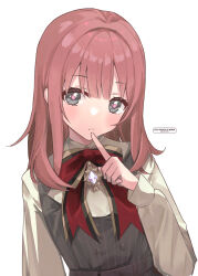  1girl absurdres amayui_moka arata_ryou artist_name bow bowtie brown_shirt closed_mouth commentary_request grey_eyes hand_up highres index_finger_raised long_hair long_sleeves looking_at_viewer multicolored_bow multicolored_bowtie pink_hair pink_pupils red_bow red_bowtie shirt simple_background solo upper_body virtual_youtuber vspo! white_background 