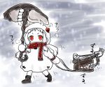  1girl ahoge boots coat commentary_request dress holding horns kantai_collection long_hair mittens northern_ocean_hime nozarashi_satoru pale_skin red_eyes scarf shinkaisei-kan snow snowing umbrella white_dress white_hair white_skin 