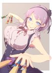 &gt;:) 1girl black_rose blue_eyes blush bow breasts buttons candy commentary_request dagashi_kashi flower frilled_shirt hair_flower hair_ornament hairband holding large_breasts looking_at_viewer purple_hair ribbon ringed_eyes rose sakusakusakurai shidare_hotaru short_hair sleeveless smile solo suspender_skirt suspenders virgin_killer_outfit 