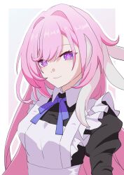  1girl absurdres apron black_dress border breasts commentary_request diamond-shaped_pupils diamond_(shape) dress elysia_(herrscher_of_human:_ego)_(honkai_impact) elysia_(honkai_impact) grey_background highres honkai_(series) honkai_impact_3rd large_breasts long_hair looking_at_viewer maid maid_apron multicolored_hair pink_hair simple_background solo symbol-shaped_pupils two-tone_hair very_long_hair violet_eyes white_apron white_border white_hair yamayu_isu 