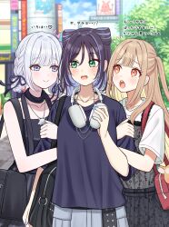  3girls arm_hug bag bag_charm black_bag black_dress black_hair blonde_hair blue_hair blue_nails blue_shirt brown_eyes brown_hair charm_(object) cho_kaguya-hime! closed_mouth commentary_request cone_hair_bun double_bun dress green_eyes hair_bun hair_ribbon headphones heart highres jewelry kaguya_(cho_kaguya-hime!) medium_hair mizukoshi_(marumi) multiple_girls nail_polish necklace one_side_up open_mouth outdoors pinafore_dress ribbon runami_yachiyo sakayori_iroha see-through_clothes see-through_dress shibuya_109 shirt shoulder_bag sleeveless sleeveless_dress sweatdrop teeth translation_request upper_teeth_only violet_eyes yuri 