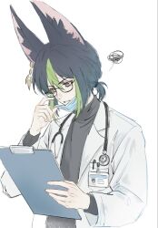  1boy alternate_costume animal_ears black-framed_eyewear black_hair coat doctor earrings fox_boy fox_ears genshin_impact glasses green_streaks jewelry lab_coat liuzazsl low_ponytail male_focus mask mouth_mask multicolored_hair ponytail shirt short_hair solo stethoscope stethoscope_around_neck streaked_hair surgical_mask tighnari_(genshin_impact) turtleneck turtleneck_shirt upper_body white_coat 