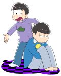  2boys barefoot buttons checkered checkered_floor child heart heart_in_mouth highres hood hoodie jitome leg_hug matsuno_ichimatsu multiple_boys osomatsu-kun osomatsu-san socks time_paradox wing_collar 