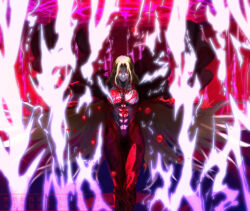  1boy abs arms_at_sides attack blonde_hair blood burleciel coat commentary_request crest curtained_hair design_speculation electricity electrokinesis floating_clothes floating_hair glasses highres long_hair long_sidelocks looking_at_viewer magic michael_roa_valdamjong michael_roa_valdamjong_(human) muscular muscular_male overcoat pale_skin pectorals sidelocks solo tsukihime tsukihime_(remake) vampire very_long_hair 