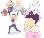  1girl 3boys 720_72 barbell dayoon dekapan earrings facial_hair formal heart heart_in_mouth jewelry karako_(osomatsu-san) leg_hug lifting matsuno_todomatsu multiple_boys mustache osomatsu-kun osomatsu-san pants pink_eyes ponytail shirt shoes simple_background sitting smile sneakers sports_bra striped striped_pants suit sunglasses sunglasses_on_head t-shirt tan towel towel_around_neck translation_request white_background wiping_face 