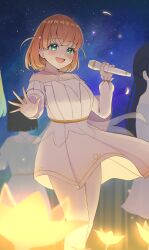  5girls :d absurdres aqua_eyes blue_sky blush breasts commentary constellation criss-cross_straps dress falling_petals flower highres hikari_no_naka_de_hana_saite hinoshita_kaho holding holding_microphone long_sleeves looking_at_viewer love_live! love_live!_hasu_no_sora_jogakuin_school_idol_club love_live!_hasu_no_sora_jogakuin_school_idol_club_bloom_garden_party medium_breasts medium_hair microphone momose_ginko multiple_girls murano_sayaka night open_hand open_mouth orange_hair osawa_rurino panaham petals short_dress single_bare_shoulder single_off_shoulder sky smile solo_focus star_(sky) starry_sky two_side_up white_dress yellow_flower yellow_petals 