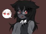  1girl animal_ears artist_request bespectacled black_hair brown_background claws dog_ears fang freckles glasses grey_shirt grey_skin hair_ornament hairclip hellhound highres long_hair looking_at_viewer monster_girl monster_girl_encyclopedia open_mouth paws red_eyes shirt simple_background solo speech_bubble 