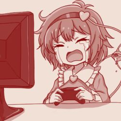  1girl buttons closed_eyes collared_shirt controller crying disembodied_linked_eye eyeball frilled_shirt_collar frilled_sleeves frills game_controller hair_ornament heart heart_button heart_hair_ornament holding holding_controller holding_game_controller komeiji_satori long_sleeves lowres medium_hair monitor monochrome necoyngwie red_theme shirt solo streaming_tears tears touhou upper_body 