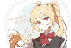  1girl ahoge artist_name blonde_hair bocchi_the_rock! bow bowtie brown_eyes chinese_commentary closed_mouth commentary_request dated hand_up highres ijichi_nijika long_hair long_sleeves looking_at_viewer red_bow red_bowtie school_uniform shimokitazawa_high_school_uniform shirt side_ponytail smile solo sumery upper_body v white_background white_shirt 