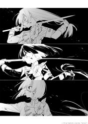  1girl armband ben-day_dots blood blood_on_face bob_cut cardamom_kanda closed_mouth collared_shirt cutting_hair cutting_own_hair determined greyscale highres holding holding_own_hair holding_sword holding_weapon light_particles long_hair long_sleeves looking_ahead medium_hair monochrome nijisanji nijisanji_idol_uniform screentones sequential shirt simple_background sleeve_cuffs sword tsukino_mito twitter_username upper_body virtual_youtuber weapon 