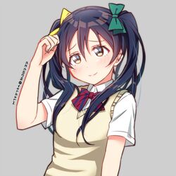  1girl alternate_hairstyle black_hair bow hair_bow long_hair love_live!_school_idol_project school_uniform smile solo sonoda_umi sukaru573 twintails upper_body vest yellow_eyes 