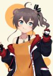  1girl absurdres ahoge animal_ears bangs bear_ears beige_background black_ribbon blue_eyes blue_jacket brown_hair dog_tags drawstring extra_ears gloves hair_between_eyes hair_ribbon highres hololive jacket kyuzuki89 long_sleeves looking_at_viewer medium_hair natsuiro_matsuri orange_shirt partially_fingerless_gloves poke_ball ribbon shirt side_ponytail solo tongue tongue_out two-sided_fabric two-sided_jacket upper_body virtual_youtuber 