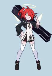  1girl ahoge angel arknights asymmetrical_sleeves black_boots black_jacket black_shorts blue_background boots commentary_request detached_wings energy_wings exusiai_(arknights) exusiai_the_new_covenant_(arknights) full_body hair_over_one_eye halo hand_on_own_hip hand_up highres hood hood_down hooded_jacket hydrogina jacket long_shirt long_sleeves looking_at_viewer medium_hair one_side_up open_clothes open_jacket orange_eyes parted_bangs red_hair ringed_eyes shirt short_shorts short_sleeves shorts sidelocks simple_background smile solo standing thigh-highs thighs variant_set white_shirt white_thighhighs wings yellow_halo yellow_wings zettai_ryouiki 
