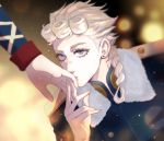  1boy blonde_hair blue_eyes blurry braid depth_of_field diletto33 earrings fur_trim giorno_giovanna guido_mista hand_kiss highres jacket jewelry jojo_no_kimyou_na_bouken kiss light_particles male_focus 