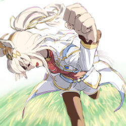  1girl absurdres ahoge animal_ears arm_up black_pantyhose brooch closed_eyes clothing_cutout cropped_jacket diamond_brooch grey_hair grey_leotard grey_tail hair_between_eyes hair_ornament hair_ribbon highres hip_vent horse_ears horse_girl horse_tail jacket jewelry kmy6030 leotard long_hair long_sleeves neckerchief oguri_cap_(cinderella_gray)_(umamusume) oguri_cap_(umamusume) open_mouth overskirt pantyhose pantyhose_under_shorts ponytail red_neckerchief ribbon running shorts smile solo star_brooch tail teeth umamusume umamusume:_cinderella_gray white_jacket white_shorts 