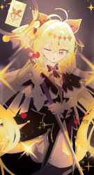  1girl :o absurdres antenna_hair ayin_(pixiv_125482608) black_capelet black_dress blonde_hair brooch capelet cure_arcana_shadow diamond_hairband dress frilled_cuffs hair_intakes heart heart_brooch highres holding holding_staff jewelry long_hair magical_girl meitantei_precure! moria_luluka one_eye_closed precure purple_veil purple_wrist_cuffs solo staff tear_arcana_rod veil very_long_hair wrist_cuffs 