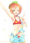  1girl ;d arm_up armpits baseball_cap bikini choker hair_ornament hairclip hat hoshizora_rin love_live!_school_idol_project natsuiro_egao_de_1_2_jump! one_eye_closed open_mouth orange_hair short_hair smile suspenders swimsuit utyuuhausu w yellow_eyes 