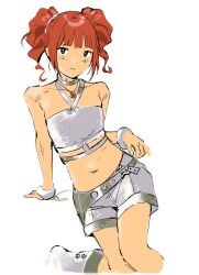  0104mq 1girl adjusting_clothes arm_rest bangle belt belt_buckle blunt_bangs blush bracelet brown_hair buckle criss-cross_halter crop_top gem green_eyes hair_tie halterneck highres idolmaster idolmaster_(classic) idolmaster_1 invisible_table iridescent iridescent_clothes jewelry long_belt long_hair looking_at_viewer low_drills necklace open_mouth orange_hair red_gem shorts sidelocks silver_bangle silver_necklace solo strapless takatsuki_yayoi tube_top twintails white_background 