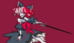  1girl black_bow black_dress bow centurii-chan commentary dress english_commentary grey_hair hair_bow heterochromia highres holding holding_sword holding_weapon hololive hololive_indonesia kureiji_ollie kureiji_ollie_(1st_costume) multicolored_hair open_mouth pale_skin red_background red_hair solo stitched_torso stitches sword symbol-shaped_pupils teeth upper_teeth_only virtual_youtuber weapon x-shaped_pupils 