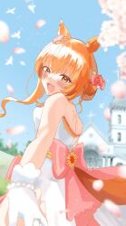  1girl :d animal_ears bird blush bow bracelet bride brooch cherry_blossoms church commentary cross disembodied_hand dot_nose dove dress ear_flower flock flower gloves hair_bun hair_flower hair_ornament holding_hands horse_ears horse_girl horse_tail jewelry large_bow latin_cross looking_at_viewer mayano_top_gun_(sunlight_bouquet)_(umamusume) mayano_top_gun_(umamusume) orange_eyes pearl_bracelet pearl_hair_ornament pink_bow pink_flower pink_rose pov pov_hands poyochi ring rose smile solo_focus strapless strapless_dress tail tail_bow tail_ornament umamusume wedding wedding_dress wedding_ring white_gloves 
