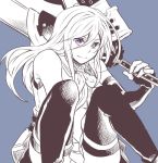  1girl alisa_ilinichina_amiella bare_shoulders black_gloves blue_eyes boots breasts elbow_gloves fingerless_gloves gloves god_eater god_eater_2:_rage_burst holding_weapon huge_weapon long_hair looking_at_viewer monochrome over_shoulder pantyhose simple_background sketch skirt smile solo sword thigh-highs thigh_boots under_boob weapon white_hair 