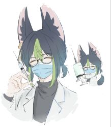  1boy animal_ear_fluff black-framed_eyewear black_hair chibi chibi_only doctor fox_boy genshin_impact glasses green_streaks hair_between_eyes holding holding_syringe lab_coat liuzazsl male_focus mask mouth_mask multicolored_hair short_hair simple_background streaked_hair surgical_mask syringe tighnari_(genshin_impact) turtleneck white_background 