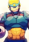  1boy android arm_cannon artist_name flashman highres looking_at_viewer male_focus nyaph rockman rockman_2 sharp_teeth smile solo weapon 