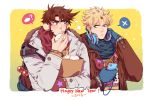  2016 bag blonde_hair blue_eyes blue_gloves breath brown_hair caesar_anthonio_zeppeli cellphone clacker dumpling earmuffs facial_mark gloves green_eyes happy_new_year headphones headphones_around_neck jacket jojo_no_kimyou_na_bouken joseph_joestar_(young) mittens new_year paper_bag phone scarf smartphone speech_bubble yway1101 