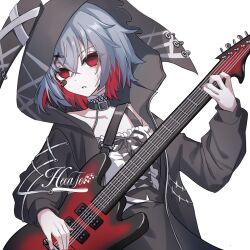  1girl animal_ear_hood animal_hood artist_request bandaid bandaid_on_face black_collar black_ribbon chinese_commentary collar colored_inner_hair commentary_request commission dress empty_eyes grey_hair guitar hair_ornament highres holding holding_guitar holding_instrument hood hood_up instrument karaoke_manekineko long_sleeves looking_at_viewer mahou_shoujo_no_majo_saiban multicolored_hair playing_instrument rabbit_hood red_eyes red_hair ribbon second-party_source shito_alisa short_hair solo stitched_face stitches white_background white_dress x_hair_ornament 