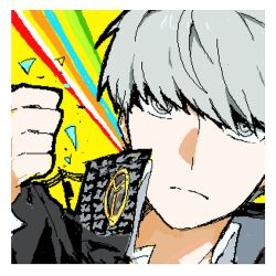  1boy anchor_ornament anchor_symbol gakuran grey_eyes grey_hair male_focus narukami_yu nt_26 peace_symbol persona persona_4 persona_4_the_golden pixel_art school_uniform solo upper_body yasogami_school_uniform 