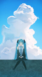  1girl absurdres aqua_hair aqua_necktie aqua_trim bare_shoulders black_boots black_skirt black_sleeves boots closed_eyes clouds cloudy_sky commentary_request cumulonimbus_cloud day detached_sleeves dot_nose full_body hair_between_eyes hair_ornament hatsune_miku highres knees_together_feet_apart long_hair necktie number_tattoo outdoors pita_39 pleated_skirt shirt shoulder_tattoo sitting skirt sky sleeveless sleeveless_shirt smile solo tattoo thigh_boots tie_clip twintails very_long_hair vocaloid white_shirt wide_sleeves wing_collar 